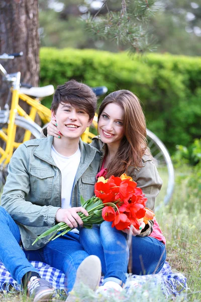 Jong koppel in park met fietsen zitten — Stockfoto