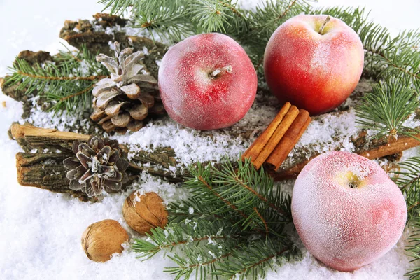 Pommes rouges avec branches de sapin sur l'écorce dans la neige gros plan — Photo