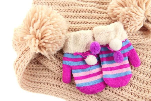 Striped mittens with scarf close up — Stock Photo, Image