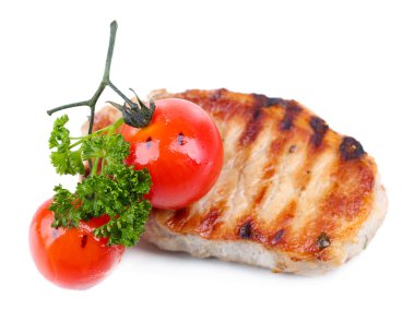 ızgara biftek ve sebzeler üzerinde beyaz izole