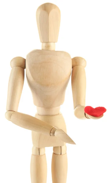 Wooden mannequin holding red heart isolated on white — Stock Photo, Image
