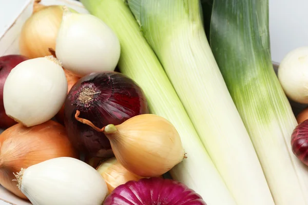 Verschiedene rohe Zwiebeln, Nahaufnahme — Stockfoto