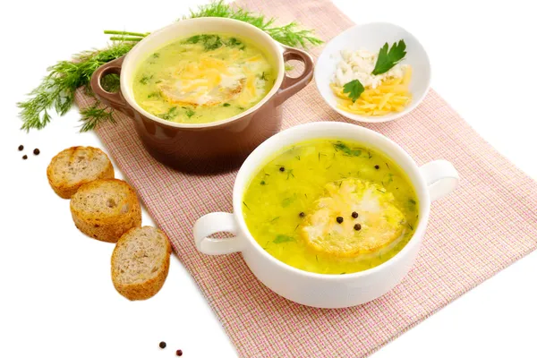 Leckere Suppe in Töpfen, isoliert auf weiß — Stockfoto