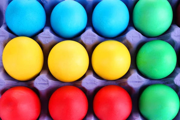 Colorful Easter eggs in tray close up — Stock Photo, Image