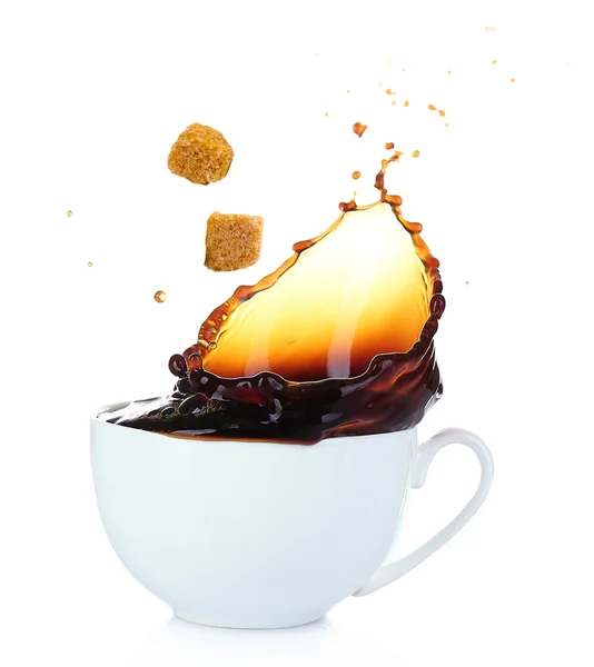 Cup of coffee with splash, isolated on white — Stock Photo, Image