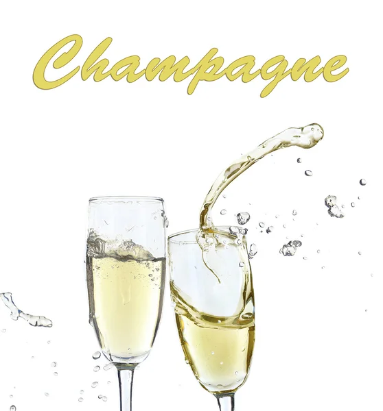 Bardak şampanya sıçrama, üzerinde beyaz izole ile — Stok fotoğraf