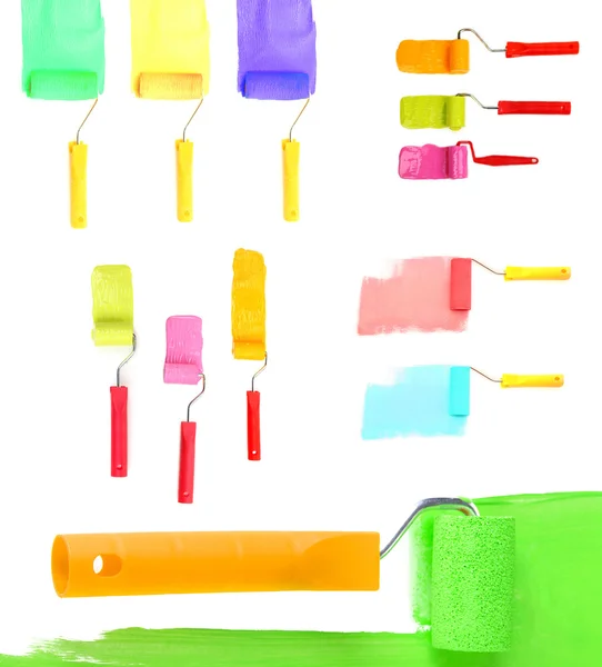 Beyaz izole renk boya ile merdane fırçalar — Stok fotoğraf