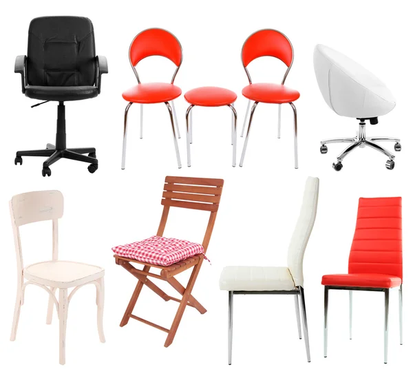 Kolaż różnych krzeseł na białym tle — Zdjęcie stockowe