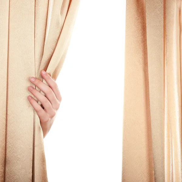 Hand opening curtain on white background — Stock Photo, Image