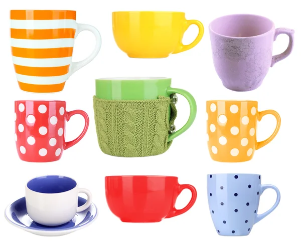 Collage of colorful mugs isolated on white — Stock Photo, Image
