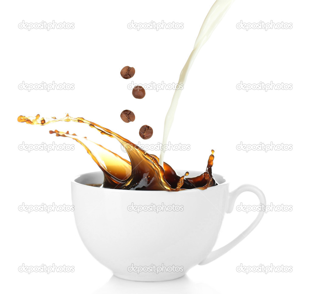 Cup of coffee with splash, isolated on white
