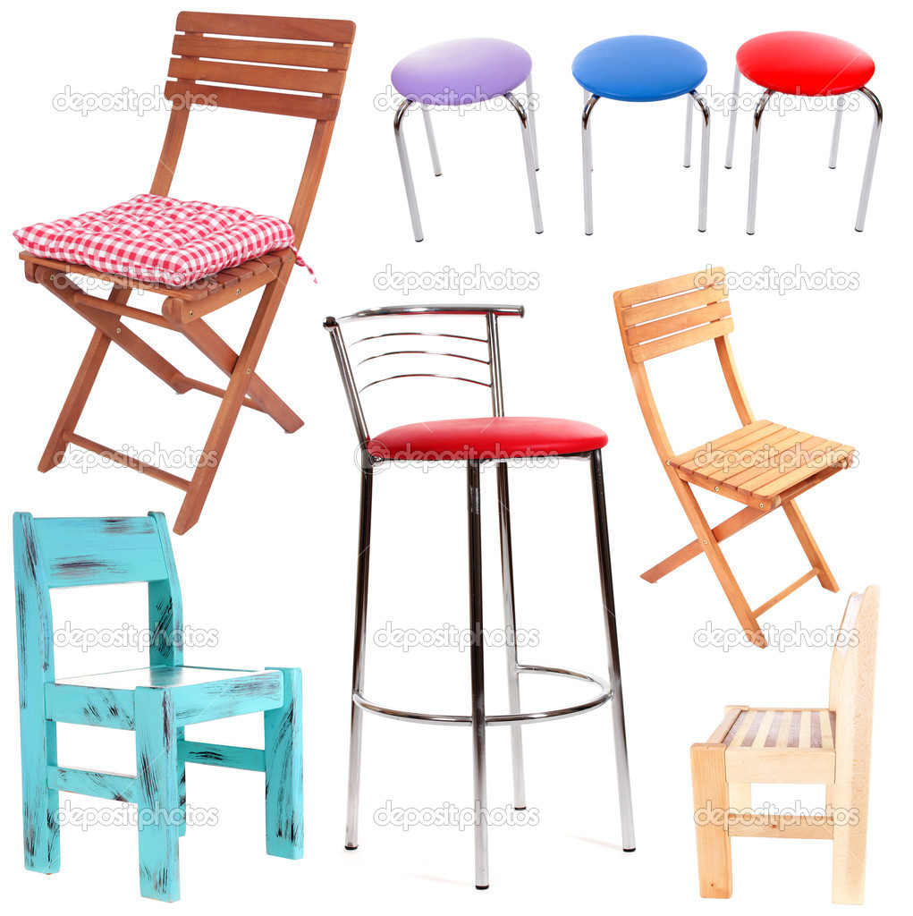 Collage of different chairs isolated on white