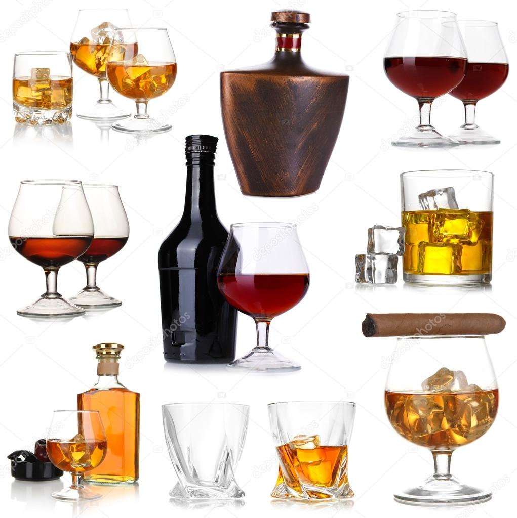 Collage of brandy glasses with ice cubes isolated on white