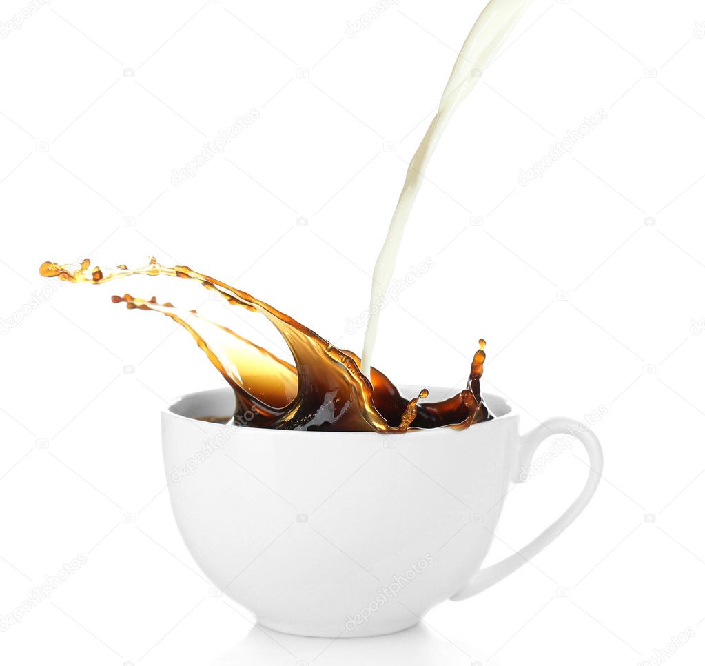 Cup of coffee with splash, isolated on white