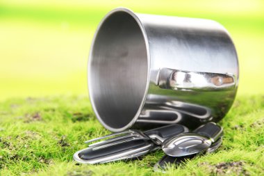 metal kupa, kaşık ve çatalı doğa zemin üzerine yeşil çimenlerin üzerinde