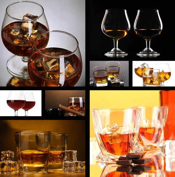 Collage of brandy glasses with ice — Stock Photo, Image