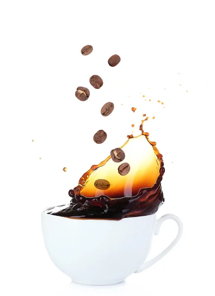 Cup of coffee with splash, isolated on white — Stock Photo, Image