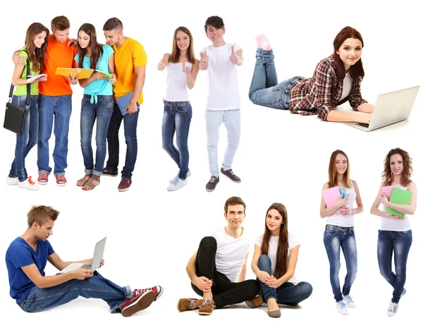 Collage de jóvenes estudiantes aislados en blanco — Foto de Stock