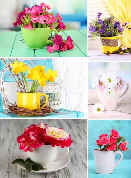 Koláž šálků s květinami — Stock fotografie