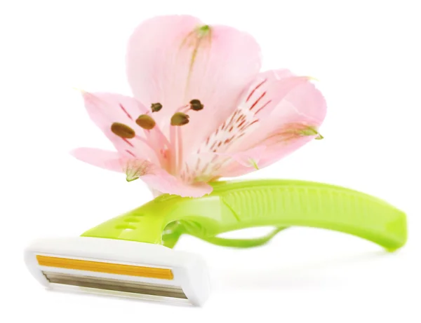 Woman safety shaver and flower isolated on whit — Stock Photo, Image