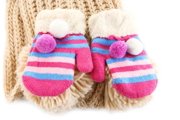 Striped mittens with scarf isolated on white — Stock Photo, Image