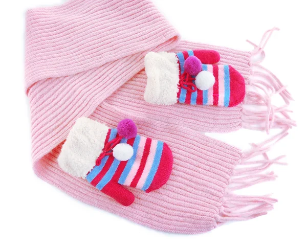 Striped mittens with scarf isolated on white — Stock Photo, Image