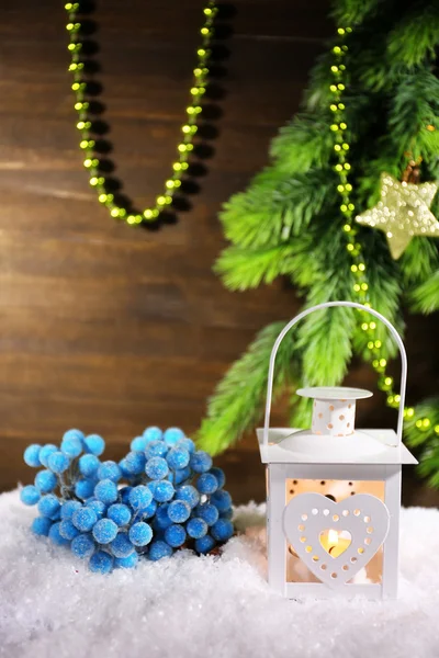 Burning lantern on wooden background — Stock Photo, Image