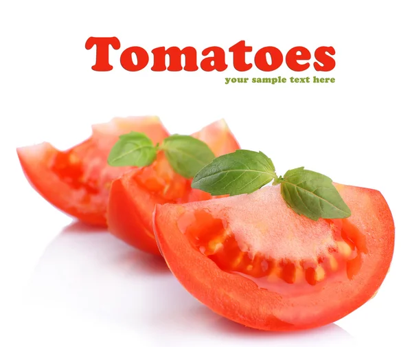Slices of fresh tomato with basil, isolated on white — Stock Photo, Image