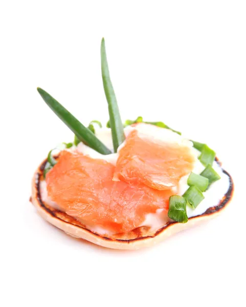 Pancake with salmon and mayo, isolated on white — Stock Photo, Image