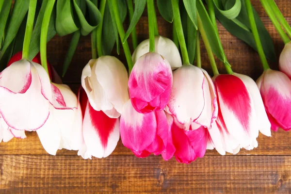 Bei tulipani su sfondo di legno a colori — Foto Stock