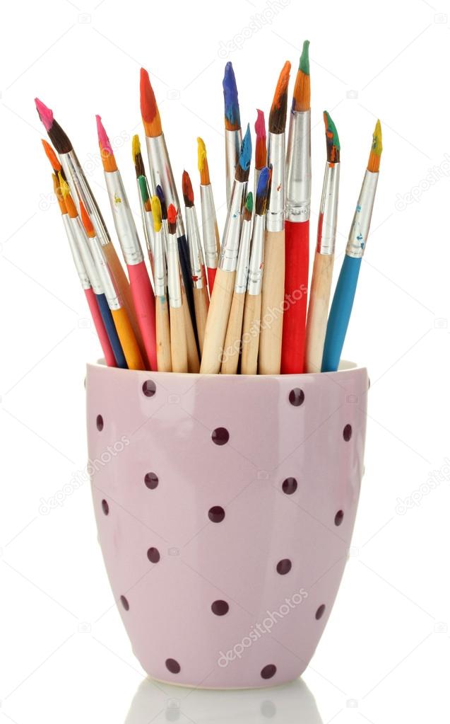 Paint brushes with gouache in cup isolated on white — Stock Photo