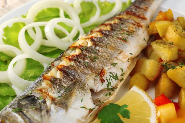 Delizioso pesce grigliato sul piatto in primo piano — Foto Stock