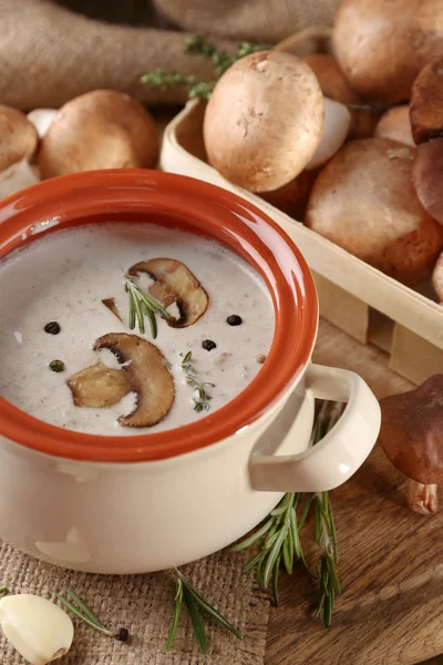 Composition avec soupe aux champignons en pot, champignons frais et secs, sur table en bois, sur fond de sac — Photo
