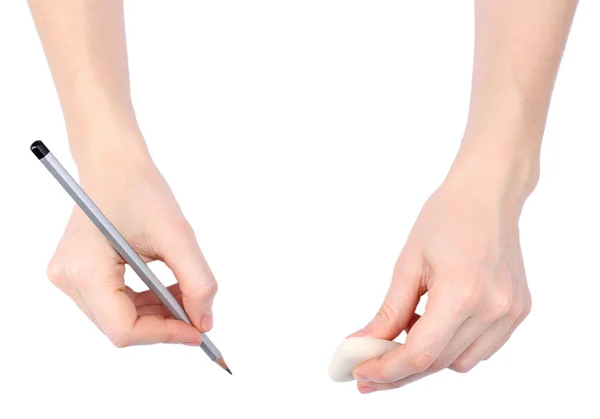 Mãos humanas com lápis e borracha apagada, isoladas sobre branco — Fotografia de Stock