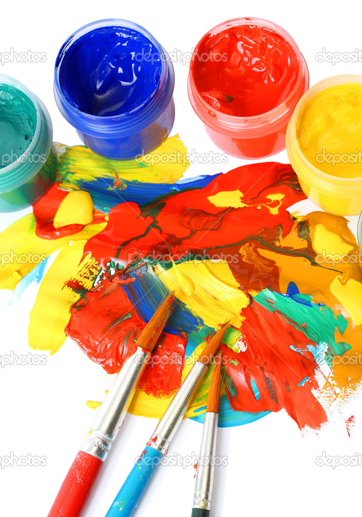 Abstract gouache paint and brushes, isolated on white