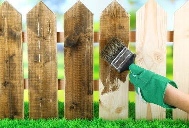 Parlak arkaplanda, ahşap çitlere koruyucu cila uygulanıyor