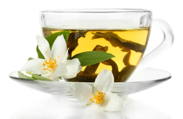 Cup of green tea with jasmine flowers isolated on white — Stock Photo, Image