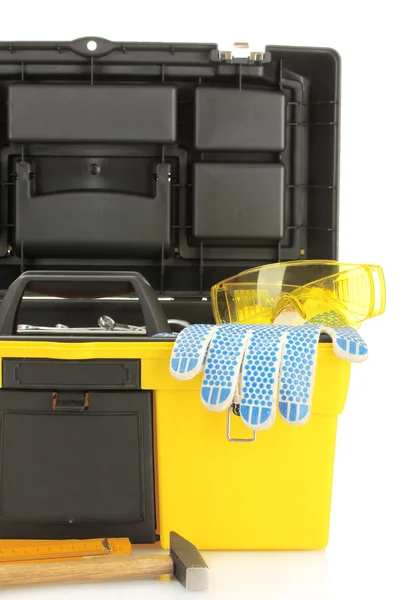 Open yellow tool box with tools  on white background close-up — Stock Photo, Image