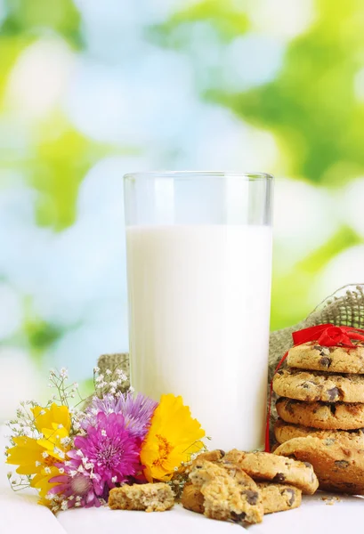 Vetro di latte, gocce di cioccolato biscotti con nastro rosso e fiori di campo su tavolo di legno su sfondo verde — Foto Stock