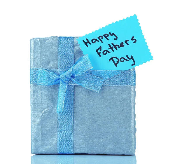 Happy Fathers Day tag with gift box, isolated on white — Stock Photo, Image