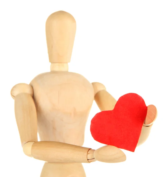 Wooden mannequin holding red heart isolated on white — Stock Photo, Image