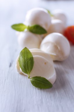 ahşap masa üstünde domates ve fesleğen ile lezzetli mozzarella peyniri