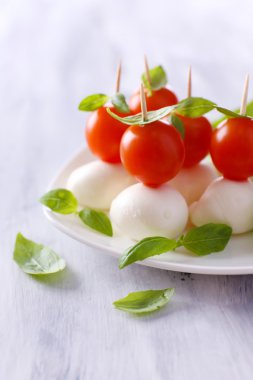 ahşap masa tabakta domates ve fesleğen ile lezzetli mozzarella peyniri