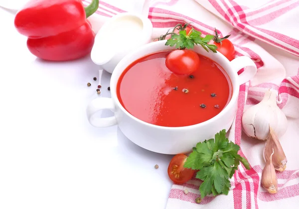 Tasty tomato soup and vegetables, isolated on white — Stock Photo, Image