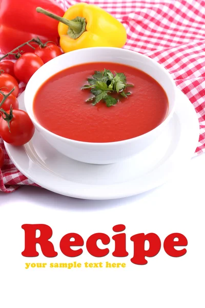 Tasty tomato soup and vegetables, isolated on white — Stock Photo, Image