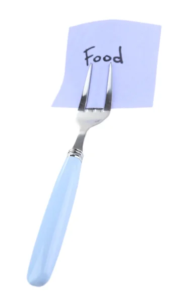 Note paper with message  attached to fork, isolated on white — Stock Photo, Image