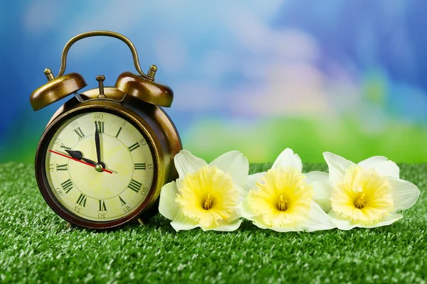 Alarm clock on green grass, on nature background — Stock Photo, Image