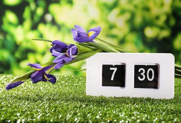 Digital alarm clock on green grass, on nature background — Stock Photo, Image