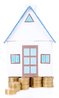 Evi ayakta beyaz izole sikke yığını