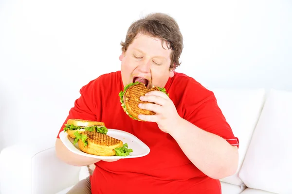 Fat man eating sandwich Royalty Free Stock Photos